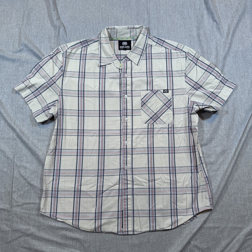 Ecko‎ Unltd Shirt Mens XL Gray Blue Red Plaid Button Up Short Sleeve Pocket